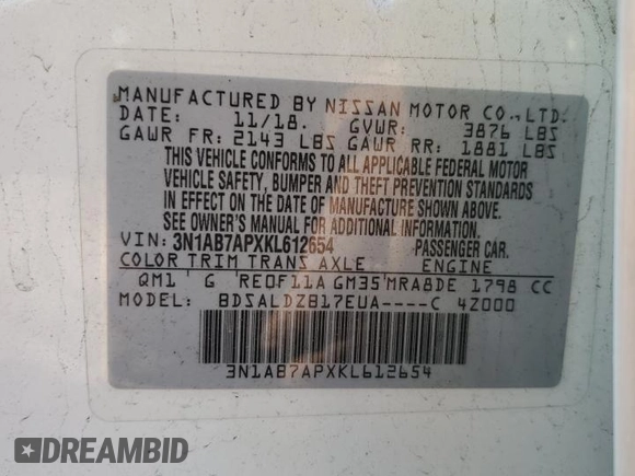 2019 Nissan Sentra SV with VIN 3N1AB7APXKL612654, listed as a Copart auction lot 44569965 with 117,756 mi miles and Clean Title. Bid and sale history available at carsss.com. Image 12.
