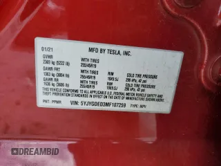 2021 Tesla Model Y Standard Range with VIN 5YJYGDED3MF107259, listed as a Copart auction lot 48566935 with 68,561 mi miles and Salvage Title. Bid and sale history available at carsss.com. Image 15.