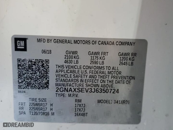 2018 Chevrolet Equinox LT with VIN 2GNAXSEV3J6350724, listed as a Copart auction lot 51218775 with 80,368 mi miles and Salvage Title. Bid and sale history available at carsss.com. Image 12.
