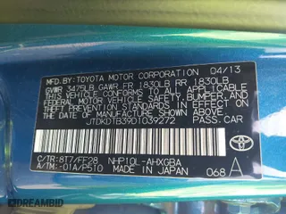 2013 Toyota Prius c One with VIN JTDKDTB39D1039272, listed as a IAAI auction lot 41599306 with 102,382 mi miles. Bid and sale history available at carsss.com. Image 9.