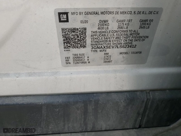 2020 Chevrolet Equinox LS with VIN 3GNAXSEV7LS623412, listed as a Copart auction lot 51258085 with 0 mi miles and Non Repairable. Bid and sale history available at carsss.com. Image 13.
