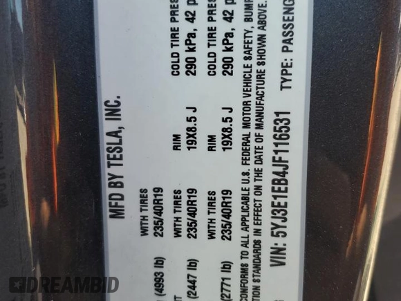 2018 Tesla Model 3 Long Range Battery z VIN 5YJ3E1EB4JF116531, wystawiony jako Copart lot #55609755 z przebiegiem 63 695 mil mil oraz Szkody całkowita. Historia ofert i sprzedaży dostępna na DreamBid. Obrazek 12.