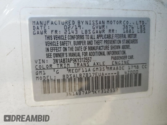 2019 Nissan Sentra S with VIN 3N1AB7AP9KY312557, listed as a Copart auction lot 67686094 with 141,698 mi miles and Salvage title. Bid and sale history available at DreamBid. Image 13.