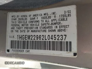 2002 Honda Civic EX with VIN 1HGEM22962L045237, listed as a IAAI auction lot 41550858 with 1 mi miles. Bid and sale history available at carsss.com. Image 9.