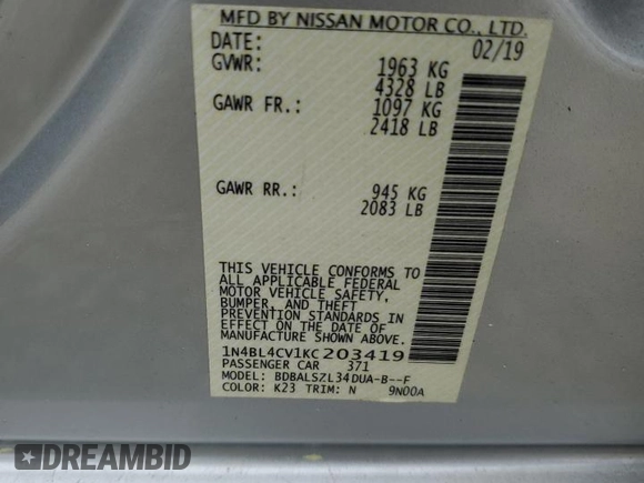 2019 Nissan Altima SR with VIN 1N4BL4CV1KC203419, listed as a Copart auction lot 50267275 with 99,952 mi miles and Salvage Title. Bid and sale history available at carsss.com. Image 12.