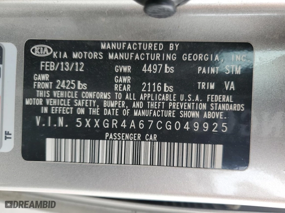 2012 Kia Optima SX with VIN 5XXGR4A67CG049925, listed as a Copart auction lot 51065675 with 269,691 mi miles and Clean Title. Bid and sale history available at carsss.com. Image 14.