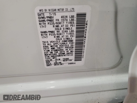 2015 Nissan Rogue S with VIN JN8AS5MVXFW770122, listed as a Copart auction lot 55452345 with 61,310 mi miles and Salvage Title. Bid and sale history available at DreamBid. Image 13.