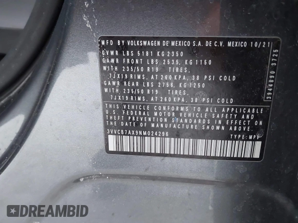 2022 Volkswagen Tiguan SE R-Line Black z VIN 3VVCB7AX9NM024296, wystawiony jako IAAI lot #41592795 z przebiegiem 45 308 mil mil oraz . Historia ofert i sprzedaży dostępna na DreamBid. Obrazek 9.
