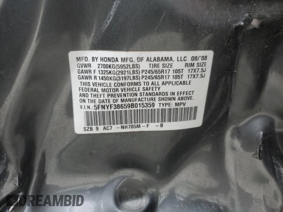 2009 Honda Pilot EX-L z VIN 5FNYF38659B015359, wystawiony jako Copart lot #81931884 z przebiegiem 256 430 mil mil oraz Szkoda całkowita • Salvage title. Historia ofert i sprzedaży dostępna na DreamBid. Obrazek 15.