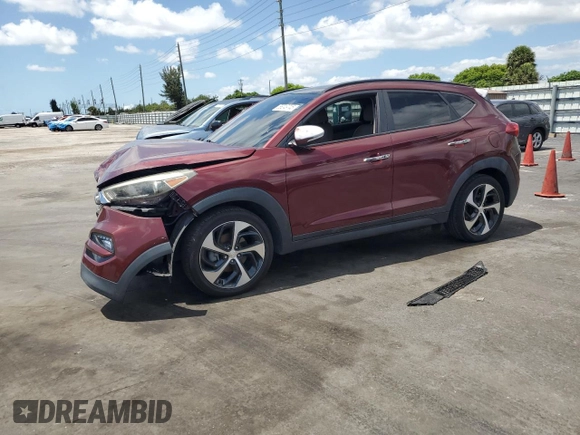 2016 Hyundai Tucson Limited z VIN KM8J33A25GU140802, wystawiony jako Copart lot #56249745 z przebiegiem 86 976 mil mil oraz Szkoda całkowita • Salvage title. Historia ofert i sprzedaży dostępna na DreamBid. Obrazek 1.