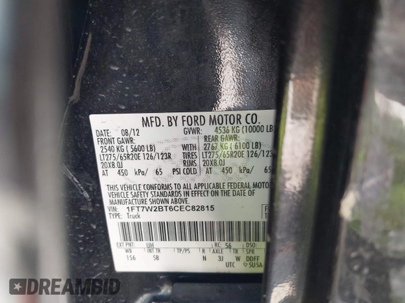 2012 Ford F-250 XL z VIN 1FT7W2BT6CEC82815, wystawiony jako IAAI lot #42440096 z przebiegiem Nie podano mil oraz . Historia ofert i sprzedaży dostępna na DreamBid. Obrazek 9.