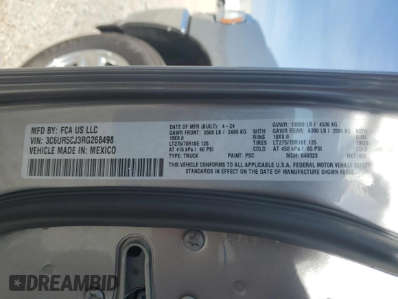 2024 Ram 2500 Tradesman with VIN 3C6UR5CJ3RG268498, listed as a Copart auction lot 68364344 with 33 mi miles and Salvage Title. Bid and sale history available at carsss.com. Image 12.