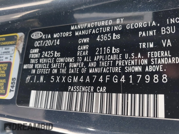 2015 Kia Optima LX with VIN 5XXGM4A74FG417988, listed as a IAAI auction lot 41805916 with 135,000 mi miles. Bid and sale history available at carsss.com. Image 9.