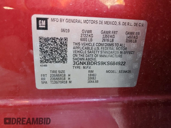 2019 Chevrolet Blazer z VIN 3GNKBDRS9KS684922, wystawiony jako Copart lot #44135395 z przebiegiem 139 227 mil mil oraz Szkoda całkowita • Salvage title. Historia ofert i sprzedaży dostępna na DreamBid. Obrazek 13.