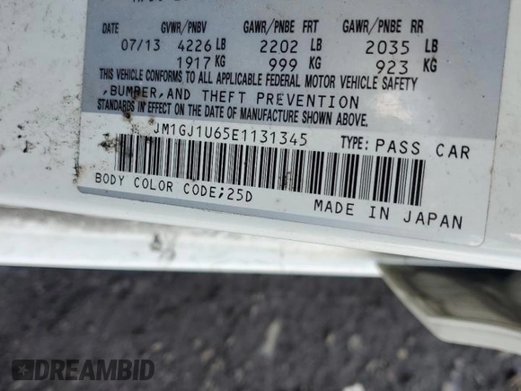 2014 Mazda 6 i Sport with VIN JM1GJ1U65E1131345, listed as a Copart auction lot 54411995 with 230,038 mi miles and Clean Title. Bid and sale history available at carsss.com. Image 12.