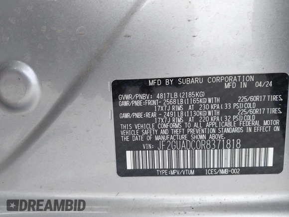 2024 Subaru Crosstrek Premium with VIN JF2GUADC0R8371818, listed as a IAAI auction lot 42020302 with 3,741 mi miles and . Bid and sale history available at DreamBid. Image 9.