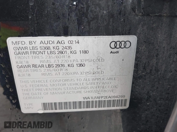 2014 Audi Q5 Premium Plus with VIN WA1LFAFP2EA094299, listed as a IAAI auction lot 41902914 with 131,422 mi miles. Bid and sale history available at carsss.com. Image 9.