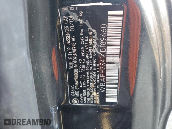 2004 BMW 6 Series 645Ci with VIN WBAEH73414B189660, listed as a Copart auction lot 53143905 with 0 mi miles and Salvage Title. Bid and sale history available at carsss.com. Image 12.