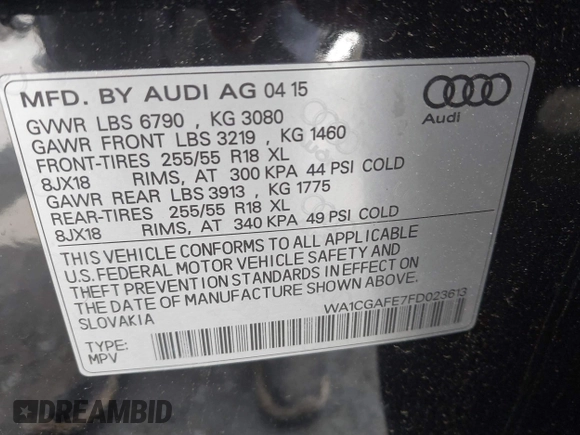 2015 Audi Q7 Premium with VIN WA1CGAFE7FD023613, listed as a IAAI auction lot 42323173 with 176,203 mi miles and . Bid and sale history available at DreamBid. Image 9.