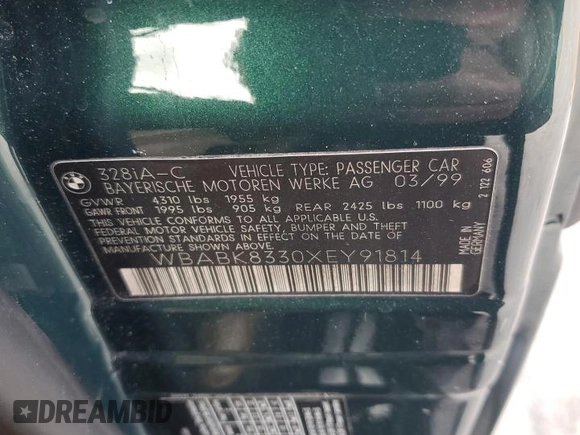 1999 BMW 3 Series z VIN WBABK8330XEY91814, wystawiony jako Copart lot #79799074 z przebiegiem 63 783 mil mil oraz Szkoda całkowita • Salvage title. Historia ofert i sprzedaży dostępna na DreamBid. Obrazek 12.