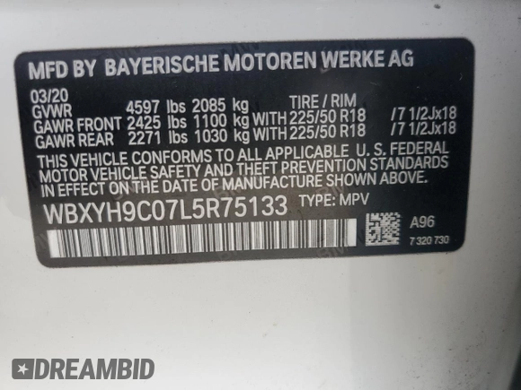 2020 BMW X2 sDrive28i with VIN WBXYH9C07L5R75133, listed as a Copart auction lot 47226555 with 69,848 mi miles and Salvage Title. Bid and sale history available at carsss.com. Image 14.