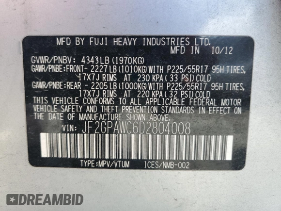 2013 Subaru Crosstrek Premium с VIN JF2GPAWC6D2804008, выставлен на аукционе Copart как лот 61626785 с пробегом 148 575 миль миль и Списание • Salvage title. История ставок и продаж доступна на DreamBid. Изображение 12.