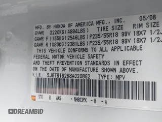 2008 Acura RDX with VIN 5J8TB18268A020862, listed as a IAAI auction lot 41413265 with 165,280 mi miles. Bid and sale history available at carsss.com. Image 9.