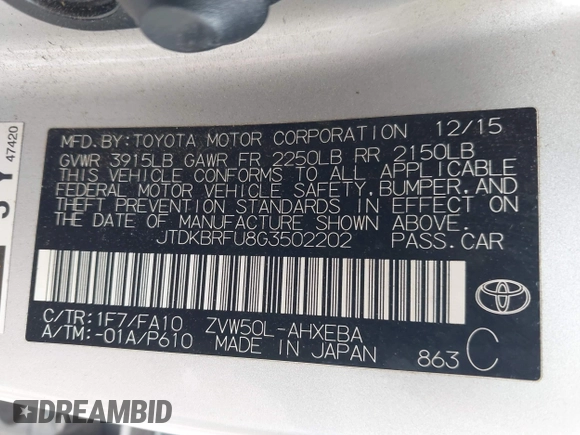 2016 Toyota Prius Two with VIN JTDKBRFU8G3502202, listed as a IAAI auction lot 42081688 with 91,128 mi miles and . Bid and sale history available at DreamBid. Image 9.