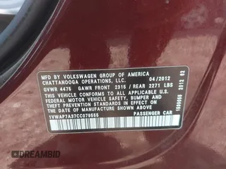 2012 Volkswagen Passat S w/Appearance with VIN 1VWAP7A37CC079555, listed as a IAAI auction lot 42092814 with 109,227 mi miles. Bid and sale history available at carsss.com. Image 9.