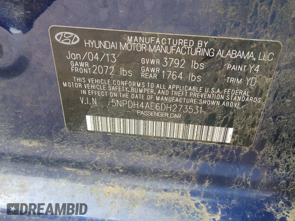 2013 Hyundai Elantra Limited z VIN 5NPDH4AE6DH273531, wystawiony jako IAAI lot #41937903 z przebiegiem 91 763 mil mil oraz . Historia ofert i sprzedaży dostępna na DreamBid. Obrazek 9.