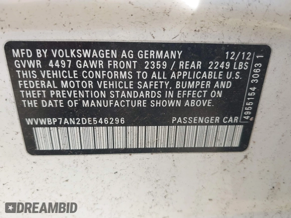2013 Volkswagen CC Sport with VIN WVWBP7AN2DE546296, listed as a IAAI auction lot 41763823 with 102,028 mi miles. Bid and sale history available at carsss.com. Image 9.