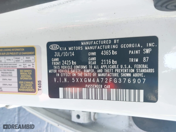 2015 Kia Optima LX with VIN 5XXGM4A72FG376907, listed as a IAAI auction lot 41823625 with 156,281 mi miles. Bid and sale history available at carsss.com. Image 9.