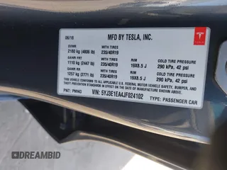 2018 Tesla Model 3 Long Range Battery with VIN 5YJ3E1EA4JF024102, listed as a IAAI auction lot 42100621 with 86,298 mi miles and . Bid and sale history available at DreamBid. Image 9.
