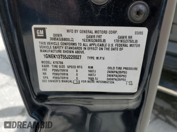 2005 Chevrolet Tahoe LS z VIN 1GNEK13T55J220027, wystawiony jako Copart lot #55287955 z przebiegiem 143 271 mil mil oraz Szkoda całkowita • Salvage title. Historia ofert i sprzedaży dostępna na DreamBid. Obrazek 13.