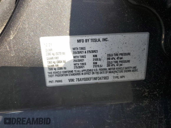 2022 Tesla Model Y Performance с VIN 7SAYGDEF1NF347903, выставлен на аукционе Copart как лот 57646175 с пробегом 48 286 миль миль и Списание • Salvage title. История ставок и продаж доступна на DreamBid. Изображение 12.