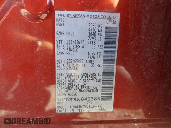 2018 Nissan Rogue SV with VIN 5N1AT2MT0JC841386, listed as a Copart auction lot 48594315 with 157,416 mi miles and Salvage Title. Bid and sale history available at carsss.com. Image 13.