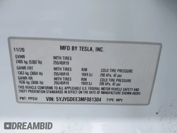 2021 Tesla Model Y Long Range with VIN 5YJYGDEE3MF081304, listed as a IAAI auction lot 42119270 with 90,521 mi miles. Bid and sale history available at carsss.com. Image 9.