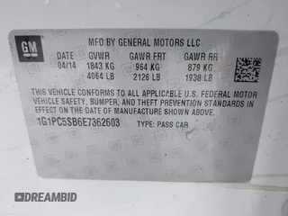 2014 Chevrolet Cruze 1LT with VIN 1G1PC5SB6E7362603, listed as a IAAI auction lot 41116280 with 118,430 mi miles and . Bid and sale history available at DreamBid. Image 9.