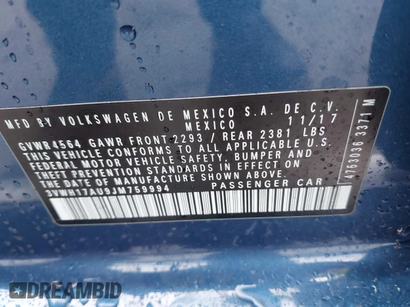 2018 Volkswagen Golf S z VIN 3VWH17AU9JM759994, wystawiony jako IAAI lot #41054231 z przebiegiem 42 651 mil mil oraz . Historia ofert i sprzedaży dostępna na DreamBid. Obrazek 9.