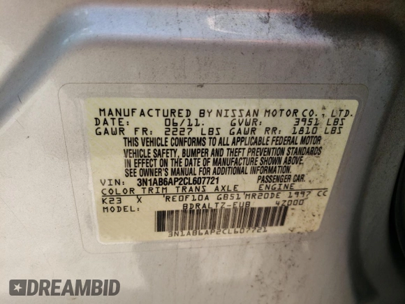 2012 Nissan Sentra SR with VIN 3N1AB6AP2CL607721, listed as a Copart auction lot 62948695 with 57,549 mi miles and Salvage title. Bid and sale history available at DreamBid. Image 12.
