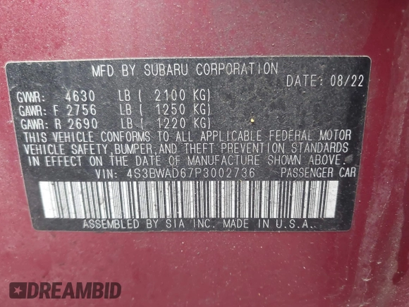 2023 Subaru Legacy Premium with VIN 4S3BWAD67P3002736, listed as a IAAI auction lot 42211667 with 28,996 mi miles and . Bid and sale history available at DreamBid. Image 9.