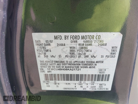 2008 Ford Escape Hybrid z VIN 1FMCU49H08KA21721, wystawiony jako IAAI lot #42493779 z przebiegiem 142 542 mil mil oraz . Historia ofert i sprzedaży dostępna na DreamBid. Obrazek 9.