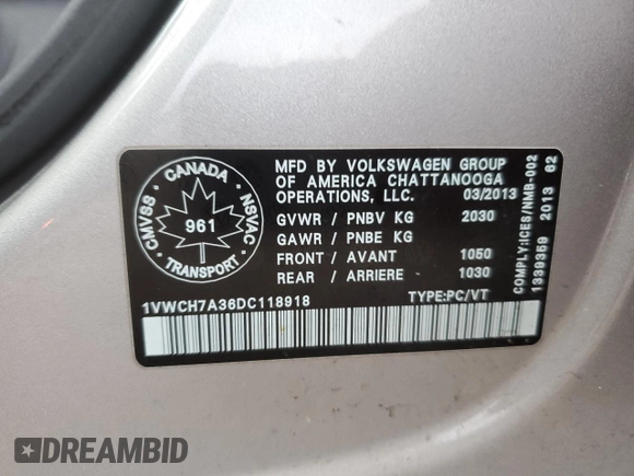 2013 Volkswagen Passat SEL Premium with VIN 1VWCH7A36DC118918, listed as a Copart auction lot 48909425 with 239,213 mi miles and Salvage Title. Bid and sale history available at carsss.com. Image 12.