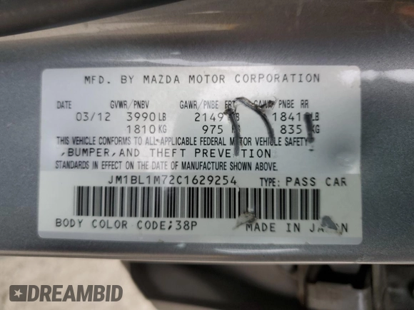 2012 Mazda 3 i Grand Touring with VIN JM1BL1M72C1629254, listed as a Copart auction lot 50743645 with 115,752 mi miles and Salvage Title. Bid and sale history available at DreamBid. Image 12.