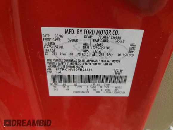 2009 Ford F-150 XL with VIN 1FTPX14V69FB28856, listed as a Copart auction lot 59173335 with 199,999 mi miles and Salvage title. Bid and sale history available at DreamBid. Image 12.