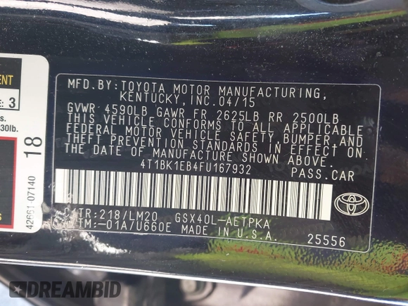 2015 Toyota Avalon Limited with VIN 4T1BK1EB4FU167932, listed as a IAAI auction lot 41802739 with 132,690 mi miles and . Bid and sale history available at DreamBid. Image 9.