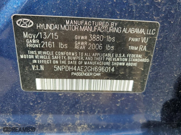 2016 Hyundai Elantra SE with VIN 5NPDH4AE2GH696014, listed as a Copart auction lot 52913885 with 199,987 mi miles and Clean Title. Bid and sale history available at carsss.com. Image 12.