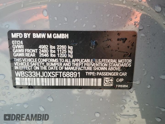 2025 BMW M3 Competition xDrive z VIN WBS33HJ0XSFT68891, wystawiony jako Copart lot #50525675 z przebiegiem Nie podano mil oraz Nie do naprawy • Non repairable. Historia ofert i sprzedaży dostępna na DreamBid. Obrazek 13.