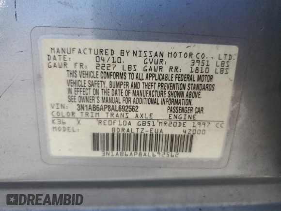 2010 Nissan Sentra S with VIN 3N1AB6AP8AL692562, listed as a Copart auction lot 49014345 with 105,454 mi miles and Salvage title. Bid and sale history available at DreamBid. Image 13.