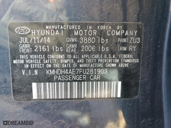 2015 Hyundai Elantra Limited with VIN KMHDH4AE7FU281903, listed as a Copart auction lot 49400465 with 164,684 mi miles and Salvage Title. Bid and sale history available at carsss.com. Image 13.